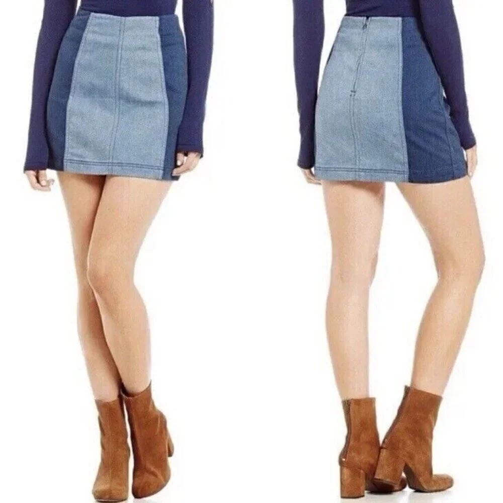 Free People Womens Modern Femme Denim Mini Skirt Sz 2 Blue Jean Colorblock Boho - Picture 6 of 8